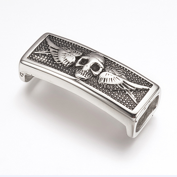 316 Surgical Stainless Steel Slide Charms, Rectangle with Skull & Wing, Antique Silver, 39.5x16x11mm, Hole: 7x12.5mm