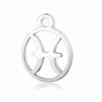 201 Stainless Steel Charms, Flat Round with Constellation, Stainless Steel Color, Pisces, 13.4x10.8x1mm, Hole: 1.5mm