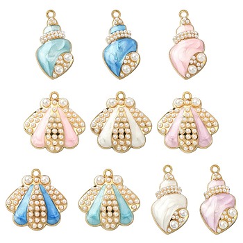 20Pcs 10 Styles Marine Theme Alloy Enamel Pendants, with Plastic Beads, Mixed Shapes, Golden, Mixed Color, 24.5~28x15~24x5mm, Hole: 1.8mm, 2pcs/style