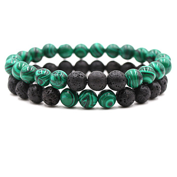 2Pcs 2 Styles Synthetic Malachite & Natural Lava Rock Round Beaded Stretch Bracelets for Couple, 7.48 inch(19cm)