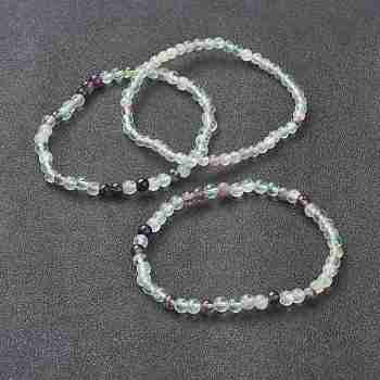 Natural Fluorite Beaded Stretch Bracelets, Round, Beads: 4~5mm, Inner Diameter: 2-1/4 inch(5.65cm)