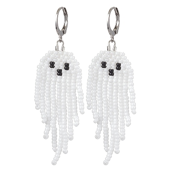 Halloween Woven MIYUKI Seed Beads Ghost Hoop Earrings, 304 Stainless Steel Leverback Earrings for Women, White, 65x19mm