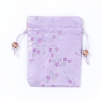 Silk Packing Pouches, Drawstring Bags, with Wood Beads, Lilac, 14.7~15x10.9~11.9cm