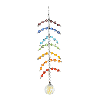 Faceted Round Glass Pendants Decoration, with 304 Stainless Steel Cable Chains and Glass Bicone, for Home Decoration, Colorful, 290mm, Hole: 6mm