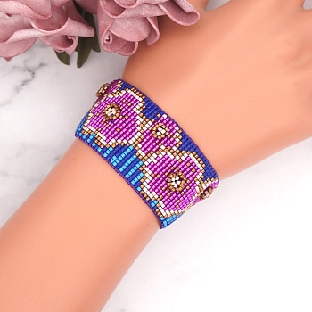 Friendship Flower Loom Pattern Seed Beads Bracelets for Women, Adjustable Nylon Cord Braided Bead Bracelets, Dark Violet, 11 inch(28cm)