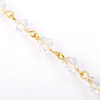 Handmade Bicone Glass Beads Chains for Necklaces Bracelets Making, with Golden Iron Eye Pin, Unwelded, Clear, 39.3 inch, Beads: 6mm