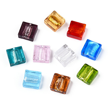 Handmade Silver Foil Lampwork Beads, Square, Mixed Color, 12x12x6mm
