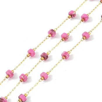 Ion Plating(IP) 304 Stainless Steel Chains, with Glass, with Natural Imperial Jasper, with Spool, Unwelded, Pearl Pink, 4x2mm