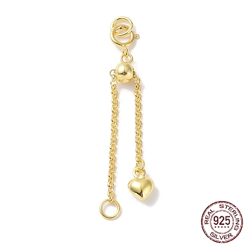 925 Sterling Silver Ends with Chains, with Spring Clasps, Slide Bead, Jump Ring and Heart Charms, Real 18K Gold Plated, 39mm, Hole: 2.6mm