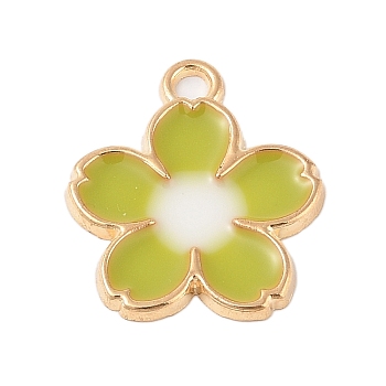 Rack Plating Alloy Pendants, with Enamel, Golden, Flower Charm, Yellow Green, 27.5x24x2mm, Hole: 3mm