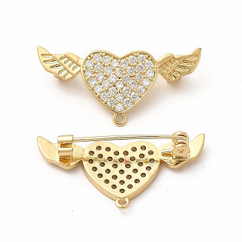 Brass Micro Pave Clear Cubic Zirconia Brooch Findings, with Loops, Heart with Angel Wing, Real 18K Gold Plated, 34x16x6.5mm, Hole: 1.2mm