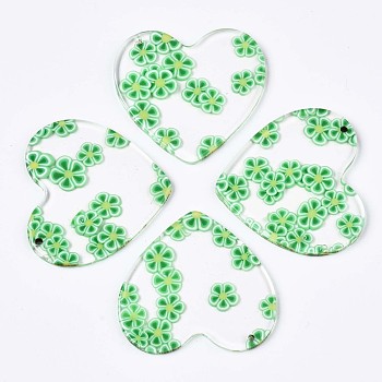 Transparent Clear Cellulose Acetate(Resin) Pendants, Printed, Heart with Flower, Lime Green, 36x38.5x2.5mm, Hole: 1.4mm