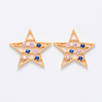 Brass Micro Pave Cubic Zirconia Filigree Joiners, Nickel Free, Star, Real 18K Gold Plated, Colorful, 18.5x19.5x2.5mm, Hole: 1~1.4mm