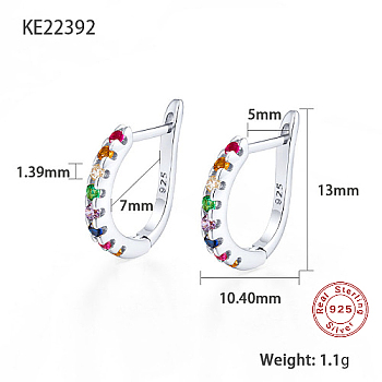 Rhodium Plated 925 Sterling Sliver Micro Pave Colorful Cubic Zirconia Hoop Earrings, with 925 Stamp, Platinum, 13x10.4mm