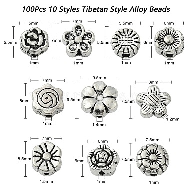 100Pcs 10 Styles Tibetan Style Alloy Beads(TIBEB-CJ0001-20)-2