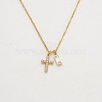 304 Stainless Steel Pave Cubic Zirconia April Birth Stone Religion Cross and Rectangle Pendant Necklaces, Golden, Clear, 17.72 inch(45cm)(WG51992-02)
