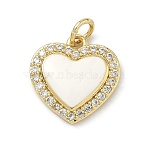 Brass Micro Pave Clear Cubic Zirconia Pendants, with Enamel, Long-Lasting Plated, Rack Plating, Lead Free & Cadmium Free, Heart Charms, Real 18K Gold Plated, White, 14.5x14x3.5mm, Hole: 3mm(KK-H255-08G-01)