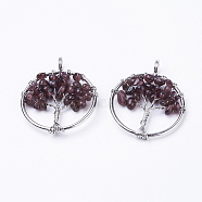 Natural Garnet Pendants, with Brass Findings, Flat Round with Tree of Life, Platinum, 29x5~7mm, Hole: 4.5mm(G-E419-09P)