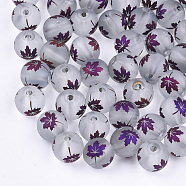 Autumn Theme Electroplate Transparent Glass Beads, Frosted, Round with Maple Leaf Pattern, Indigo, 8~8.5mm, Hole: 1.5mm(EGLA-S178-01D)