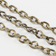 Iron Side Twisted Chain, with Spool, Unwelded, Lead Free & Nickel Free, Antique Bronze, Size: Chains: about 5mm long, 4mm wide, 0.9mm thick, about 328.08 Feet(100m)/roll(CH-BSFN0.9-AB-FF)