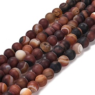Natural Striped Agate/Banded Agate Beads Strands, Round, Dyed & Heated, Frosted, Saddle Brown, 10~10.5mm, Hole: 1.2mm, about 38pcs/strand, 14.57''(37cm)(G-B079-C02-03)