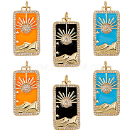 6Pcs 3 Colors Rack Plating Brass Micro Pave Clear Cubic Zirconia Pendants, with Enamel, Real 18K Gold Plated, Rectangle with Sun, Mixed Color, 27x14x3.5mm, Hole: 3.4mm, 2pcs/color(KK-DC0001-03)