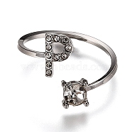 Alloy Cuff Rings, Open Rings, with Crystal Rhinestone, Platinum, Letter.P, US Size 7 1/4(17.5mm)(RJEW-I075-01P-P)