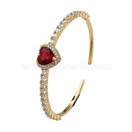 Cubic Zirconia Heart Open Cuff Bangle, Real 18K Gold Plated Brass Jewelry for Women, Dark Red, Inner Diameter: 2-1/8 inch(5.4cm)(BJEW-N012-031E)