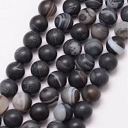 Natural Striped Agate/Banded Agate Bead Strands, Round, Grade A, Frosted, Dyed & Heated, Black, 6mm, Hole: 1mm, about 61pcs/strand, 15 inch(G-K166-12-6mm-03)