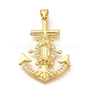 Rack Plating Brass Micro Pave Cubic Zirconia Pendants, Long-Lasting Plated, Lead Free & Cadmium Free, Boat Anchor with Virgin Mary Charms, Real 18K Gold Plated, 33.5x24.5x4mm, Hole: 5x3mm(KK-L226-104G)