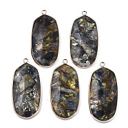 Assembled Synthetic Pyrite and Kyanite/Cyanite/Disthene Pendants, with Brass Edge and Loop, Oval, Light Gold, 49.5x23.5x5mm, Hole: 2mm(G-R481-08)