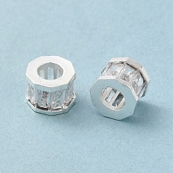 Rack Plating Brass Micro Pave Cubic Zirconia European Beads, Long-Lasting Plated, Lead Free & Cadmium Free, Polygon, Silver, 9x7mm, Hole: 4.6mm(KK-F866-09S)