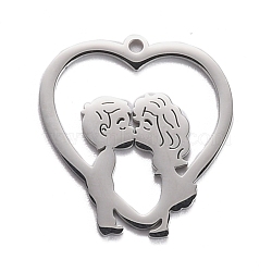 Non-Tarnish 304 Stainless Steel Pendants, Heart with Boy and Girl Kiss Pattern, Stainless Steel Color, 24.5x23.5x1.4mm, Hole: 1.6mm(STAS-C032-11P)