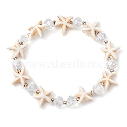 Summer Beach  Starfish Dyed Synthetic Turquoise & Faceted Glass Beaded Stretch Bracelets for Women Men, White, Inner Diameter: 2-3/8 inch(6cm)(BJEW-JB10454-01)