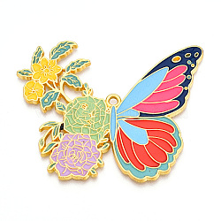 Rack Plating Alloy Enamel Big Pendants, Cadmium Free & Nickel Free & Lead Free, Butterfly with Flower Charms, Golden, Colorful, 56x69.5x2mm, Hole: 2.5mm(ENAM-N056-399F-G)