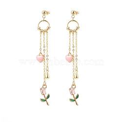 Enamel Heart & Rose Dangle Stud Earrings, Gold Plated Alloy Long Tassel Drop Earrings for Valentine's Day, Pink, 80mm, Pin: 0.8mm(EJEW-JE05041-03)