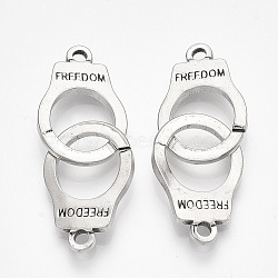 304 Stainless Steel Interlocking Clasps, Handcuffs Shape with Word Freedom, Antique Silver, 40x15x2mm, Hole: 2mm(X-STAS-S079-80B)