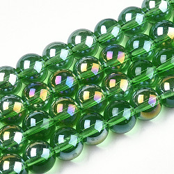 Electroplate Transparent Glass Beads Strands, AB Color Plated, Round, Green, 8~8.5mm, Hole: 1.5mm, about 51~53pcs/strand, 14.96 inch~15.55 inch(38~39.7cm)(GLAA-T032-T8mm-AB07)