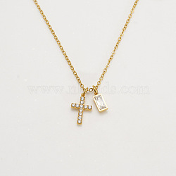 304 Stainless Steel Pave Cubic Zirconia April Birth Stone Religion Cross and Rectangle Pendant Necklaces, Golden, Clear, 17.72 inch(45cm)(WG51992-02)