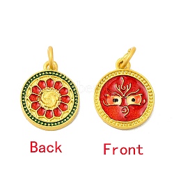Rack Plating Alloy Enamel Pendants with Jump Ring, Double Side Pattern Flat Round Charms, Matte Gold Color, Red, 16x13x1.8mm, Jump Ring: 6x1mm, 4mm Inner Diameter(ENAM-M048-27MG-A)