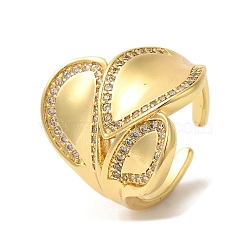 Leaf Brass Micro Pave Cubic Zirconia Open Cuff Rings, for Women, Lead Free & Cadmium Free, Real 18K Gold Plated, 23mm, Adjustable(RJEW-U008-18G)