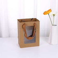 Rectangle Paper Bags, with Handles, for Gift Shopping Bags, with Clear Window, Camel, 13x18x25cm(PAAG-PW0012-27B-03)