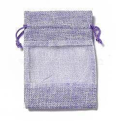 Linen Pouches, Drawstring Bags, with Organza Windows, Rectangle, Lilac, 14x10x0.5cm(X-ABAG-I009-02B)