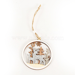 Christmas Wooden Pendant Decoration, for Window Home Party Christmas Tree Hanging, Ornaments, Flat Round, Deer, 98x85mm(XMAS-PW0001-166A)