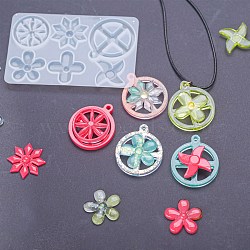 Flat Round Spinning Pendant and Windmill & Snowflake & Flower & Clover & Tyre Cabochon Silicone Molds, Resin Casting Molds, for UV Resin & Epoxy Resin Jewelry Making, White, 99x63x6mm, Hole: 3mm, Inner Diameter: 27~40x27~35mm(DIY-P059-08)