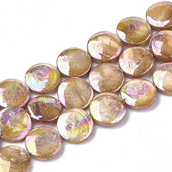 Freshwater Shell Beads Strands, AB Color Plated, Dyed, Flat Round, Dark Goldenrod, 10~11.5x3~4mm, Hole: 1mm, 34pcs/strand, 15.15 inch(SHEL-S274-52C)