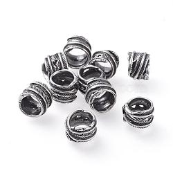 304 Stainless Steel Beads, Large Hole Beads, Column with Leaf, Antique Silver, 12x9mm, Hole: 8.5mm(STAS-G153-17AS)