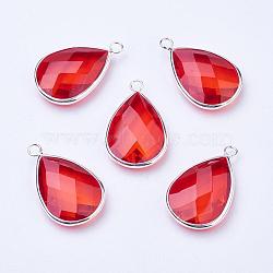 Silver Color Plated Brass Glass Teardrop Pendants, Faceted, Orange Red, 18x10x5mm, Hole: 2mm(GLAA-M006-A-04S)