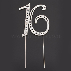 Brass Rhinestone Cake Topper, for Birthday Party Decoration, Number 16, Silver Color Plated, 194x93x5mm(RB-T008-20S)