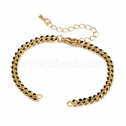 Two Tone Handmade Brass Curb Chain Bracelet Makings, with Enamel and 304 Stainless Steel Lobster Claw Clasps, Real 18K Gold Plated, Black, 5-1/2 inch(14cm)(X-AJEW-JB00850-03)